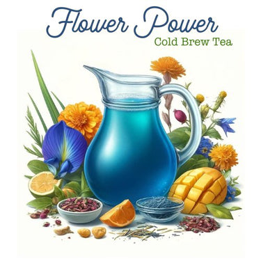 A glass pitcher with blue butterfly pea flower tea sits among vibrant flowers, mango, orange slices, lemon, tea leaves, and herbs. Text: Flower Power Cold Brew Tea Pods – A Color-Changing Tropical Floral Fantasy 🌺—caffeine-free perfection.
